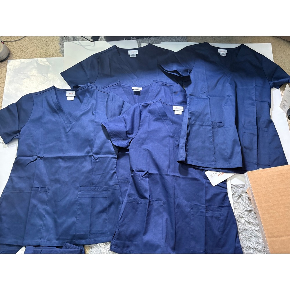 Barco‎ Essentials Scrub Top XS Navy V-Neck Medical Uniform 5 Pack NWT